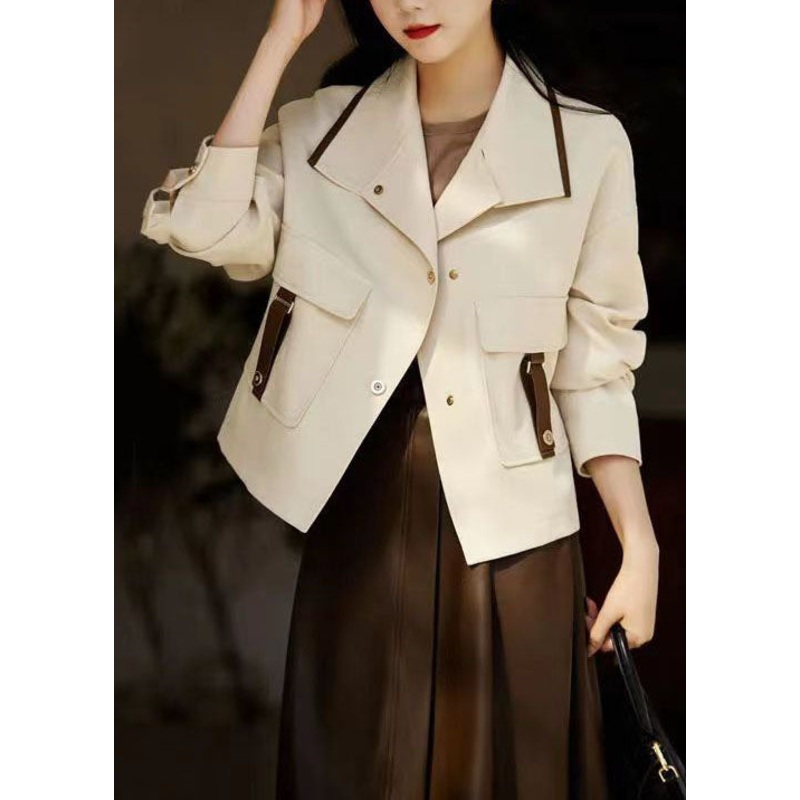Stylish Beige Peter Pan Collar Pockets Patchwork Cotton Coats Fall