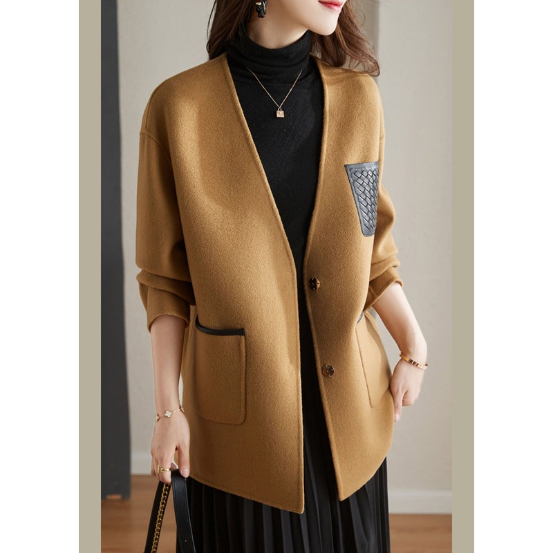 Stylish Camel V Neck Patchwork Button Wool Blend Coats Fall