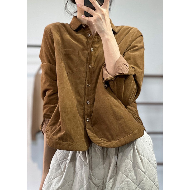 Stylish Chocolate Peter Pan Collar Pockets Contton Filled Corduroy Coats Winter