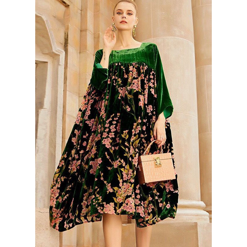 Unique Green O-Neck Patchwork Print Silk Velour Long Dresses Bracelet Sleeve
