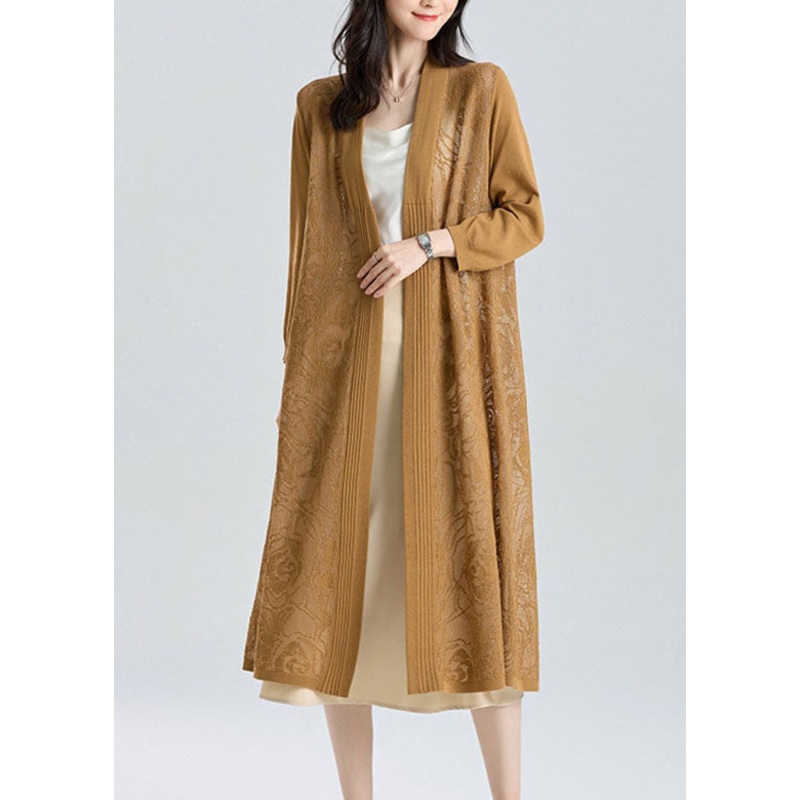 Unique Yellow V Neck Embroideried Patchwork Thin Ice Size Long Knit Cardigan Summer