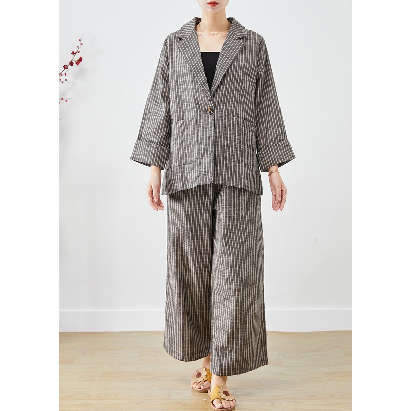 Vintage Grey Striped Linen Two Piece Set Outfits Fall