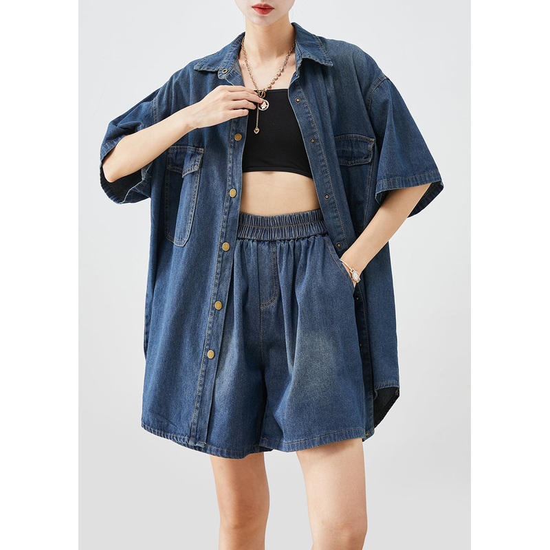 Vintage Navy Oversized Denim Two Piece Set Women Clothing Summer