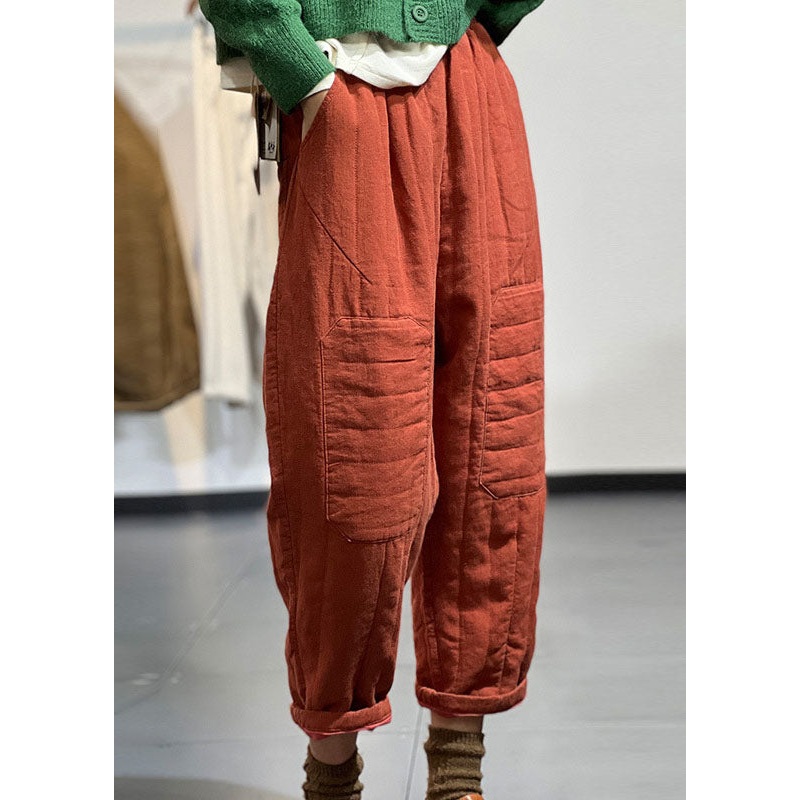 Vintage Orange Elastic Waist Patchwork Applique Fine Cotton Filled Harem Pants Winter