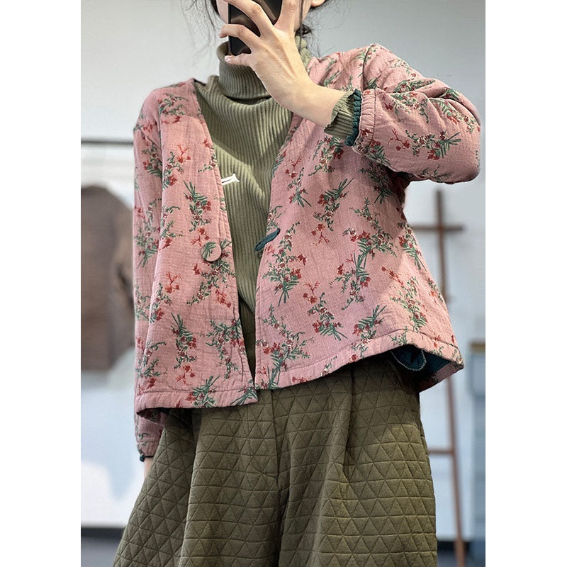 Vintage Pink V Neck Print Fine Cotton Filled Parka Jacket Winter