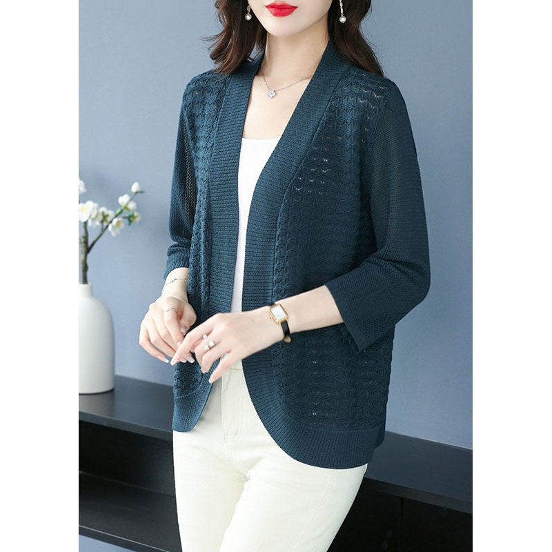 Vintage Sea Blue V Neck Patchwork Solid Ice Size Knit Cardigan Bracelet Sleeve
