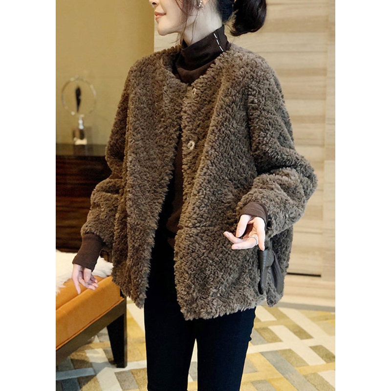 Vogue Chocolate O-Neck Button Thick Faux Fur Coat Fall