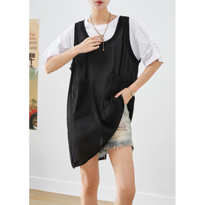 White Loose Tank And Tulle Vest Two Pieces Set Oversized Wrinkled Summer