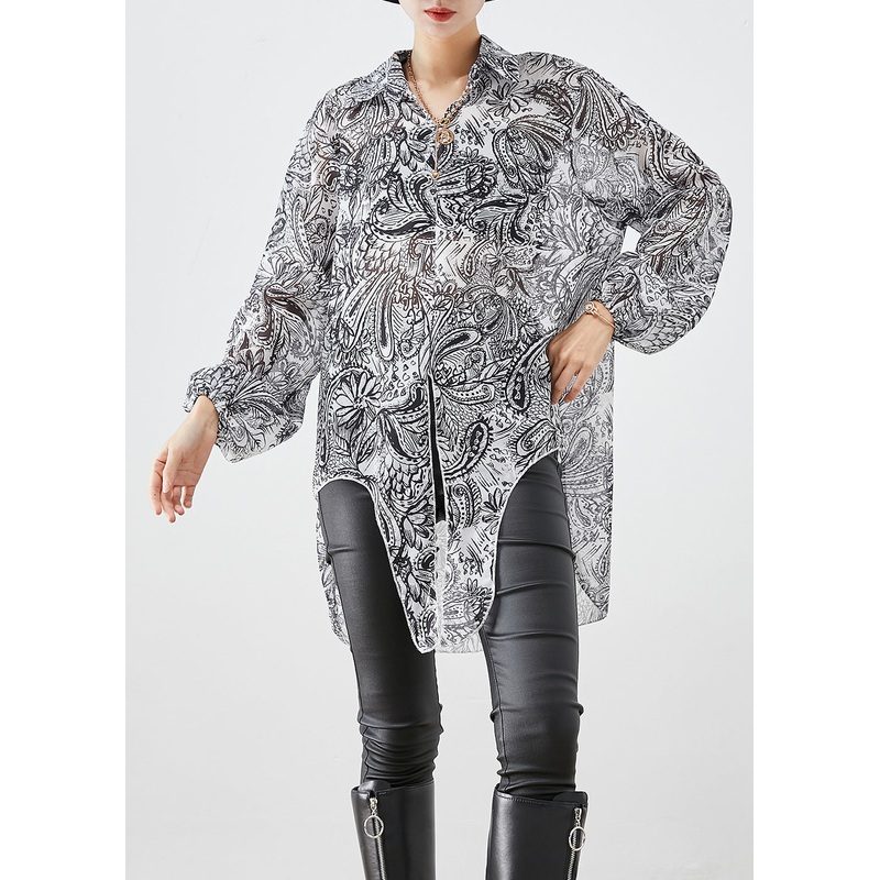 White Print Chiffon UPF 50+ Shirt Top Oversized Side Open Fall