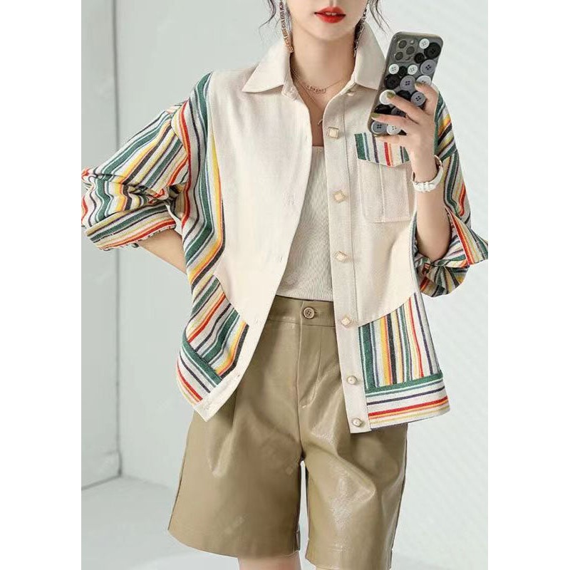 Women Beige Peter Pan Collar Pockets Striped Patchwork Cotton Coat Fall