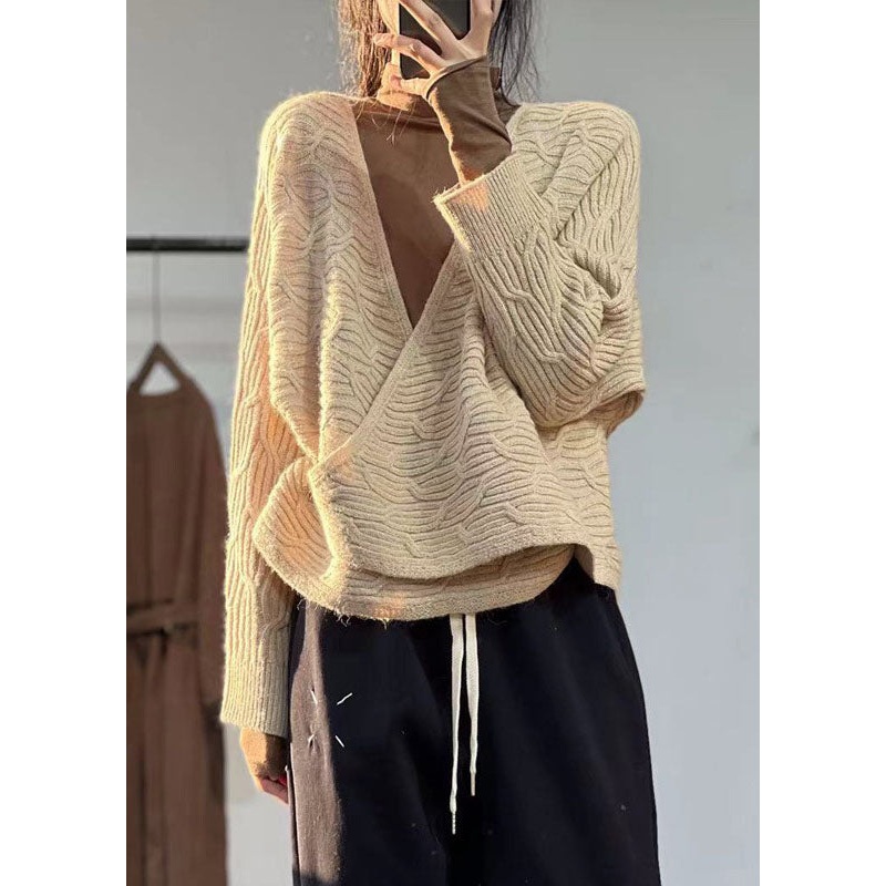 Women Beige V Neck Oversized Original Design Knit Sweater Winter