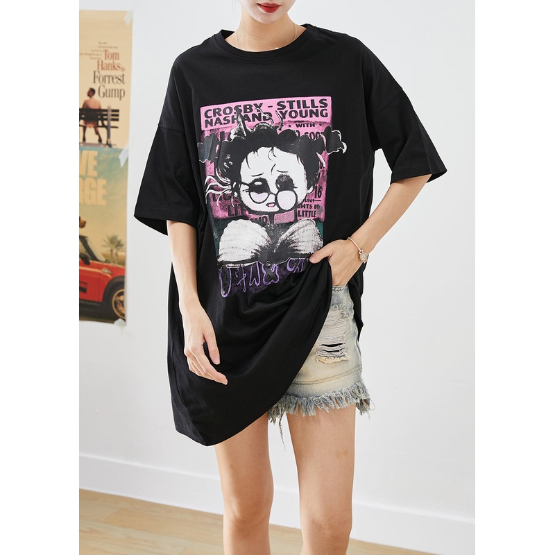 Women Black Oversized Original Design Print Cotton Tanks Summer