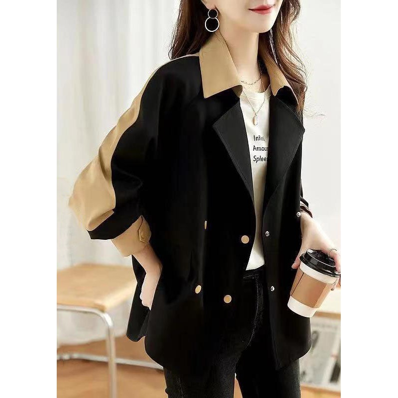 Women Black Peter Pan Collar Button Patchwork Cotton Coat Fall