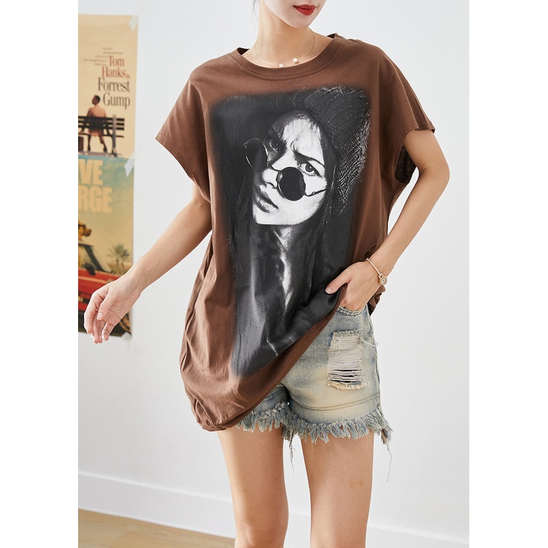 Women Coffee Oversized Print Cotton Maxi Dresses Summer