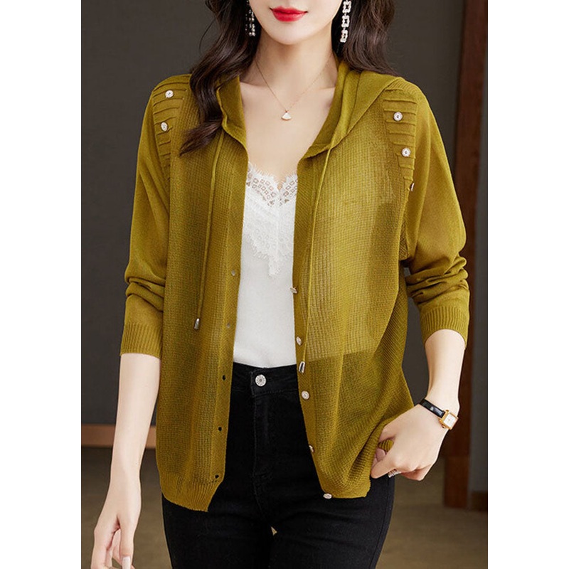 Women Matcha Colour Drawstring Solid Hooded Ice Size Knit Cardigans Long Sleeve