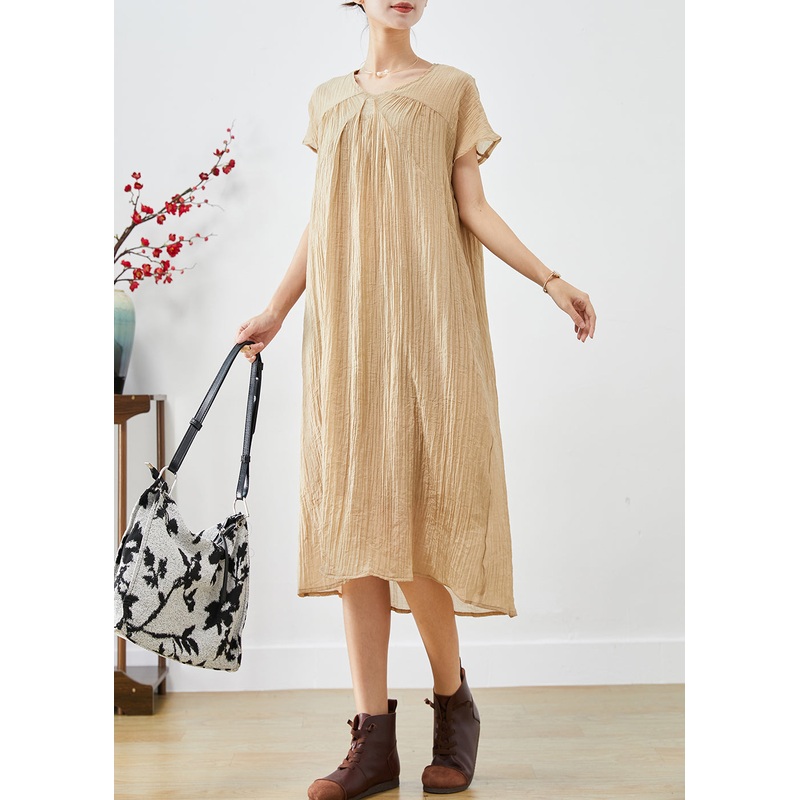 Art Khaki V Neck Wrinkled Cotton Maxi Dresses Summer