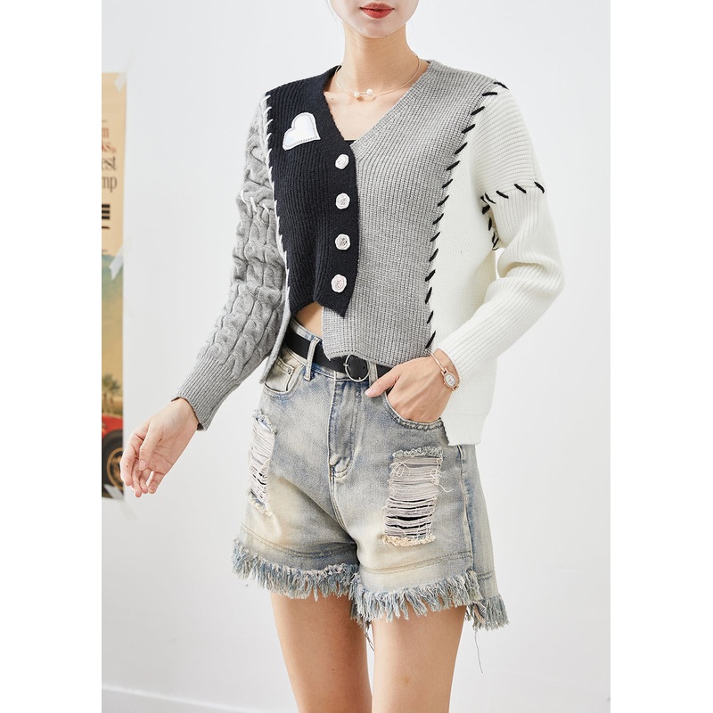 Beautiful Black Asymmetrical Patchwork Knit Cardigan Fall
