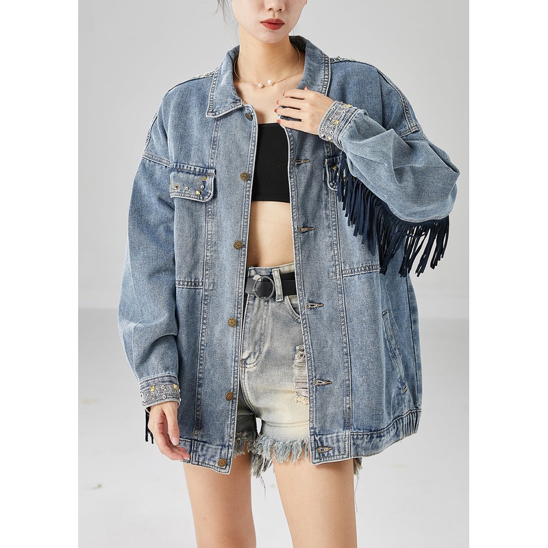 Beautiful Blue Embroidered Patchwork Tasseled Denim Coats Fall