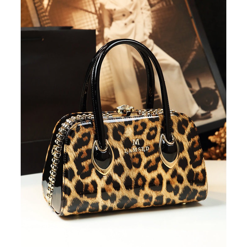 Beautiful Leopard Zircon Faux Leather Tote Handbag