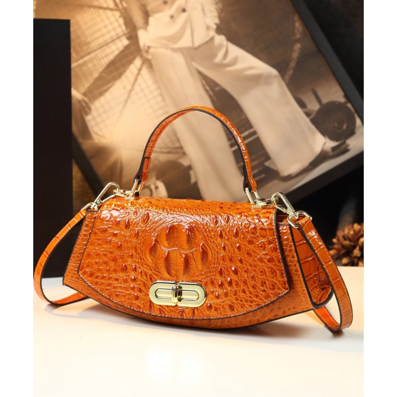 Beautiful Orange Crocodile Pattern Durable Leather Tote Handbag