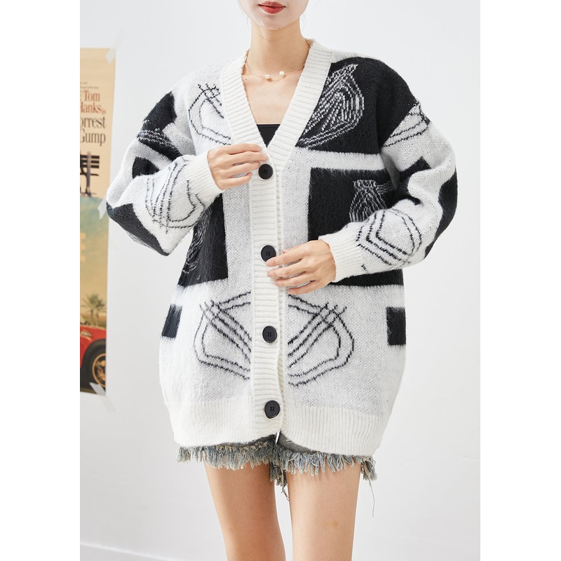 Bohemian White Oversized Print Button Down Knit Cardigans Fall
