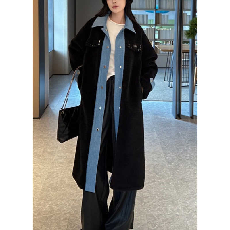 Boutique Black Pockets Denim Patchwork Faux Fur Coat Outwear Spring
