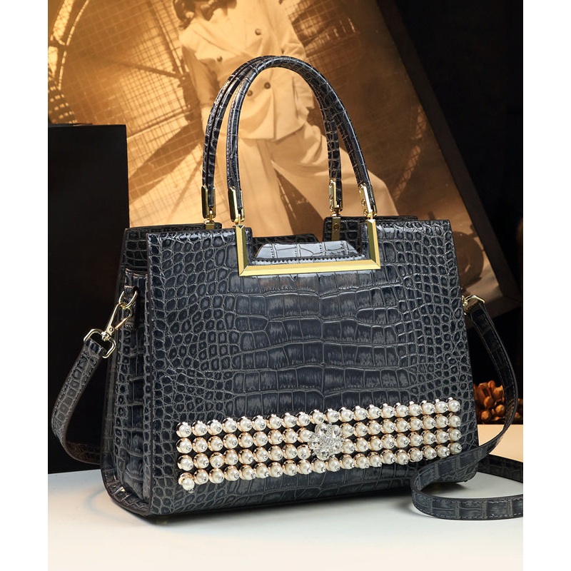 Boutique Grey Zircon Large Capacity Faux Leather Tote Handbag