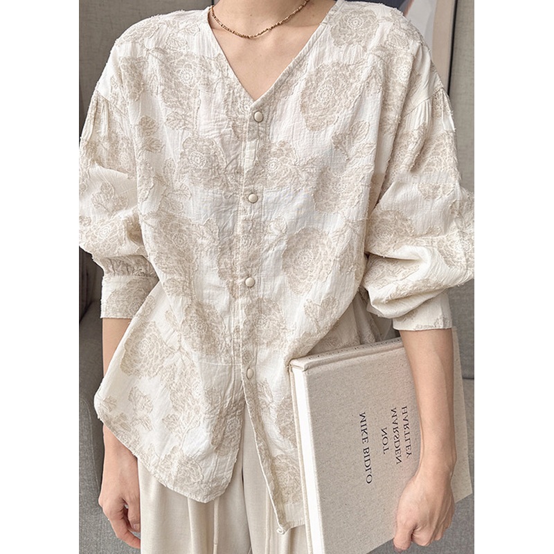 Casual Apricot V Neck Jacquard Button Cotton Shirts Spring