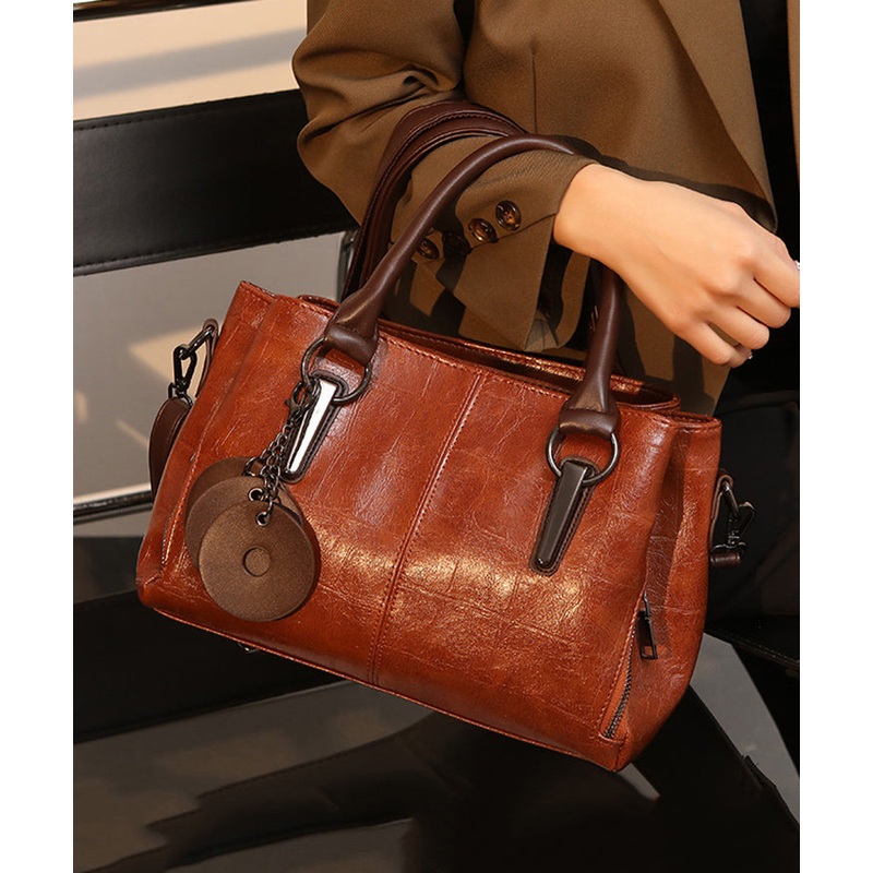 Chic Brown Chain Linked Faux Leather Tote Handbag