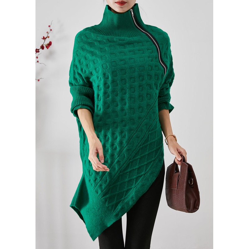 Chic Green Asymmetrical Zippered Knit Short Sweater Fall