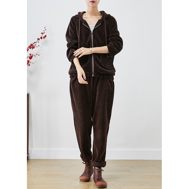 Chocolate Corduroy Sweatshirt Two Piece Set Zip Up Pockets Fall