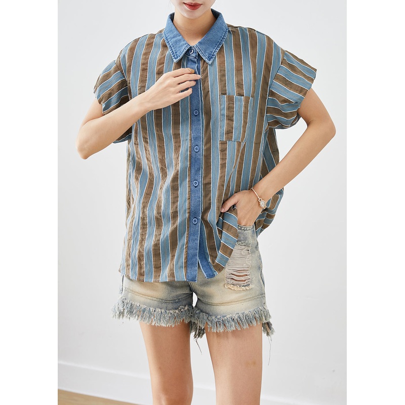 Classy Blue Puff Sleeve Striped Cotton Shirt Top Summer
