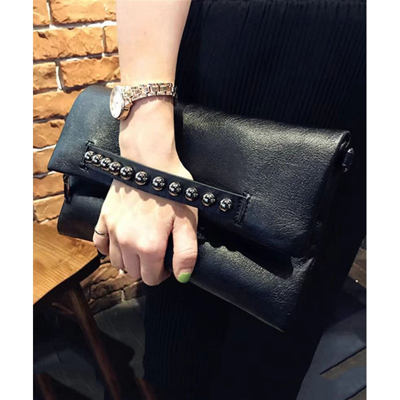 DIY Black Rivet Chain Linked Faux Leather Satchel Handbag