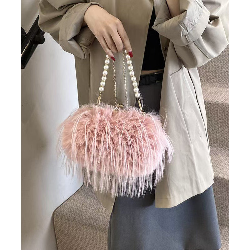 Fashion Pink Feather Tassel Fuzzy Fur Chain Messenger Bag