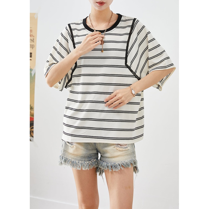 Fitted White Oversized Striped Cotton Tank Tops Summer