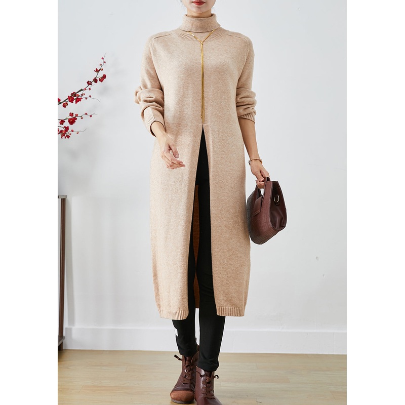 French Apricot Turtle Neck Side Open Knit Sweater Dress Fall