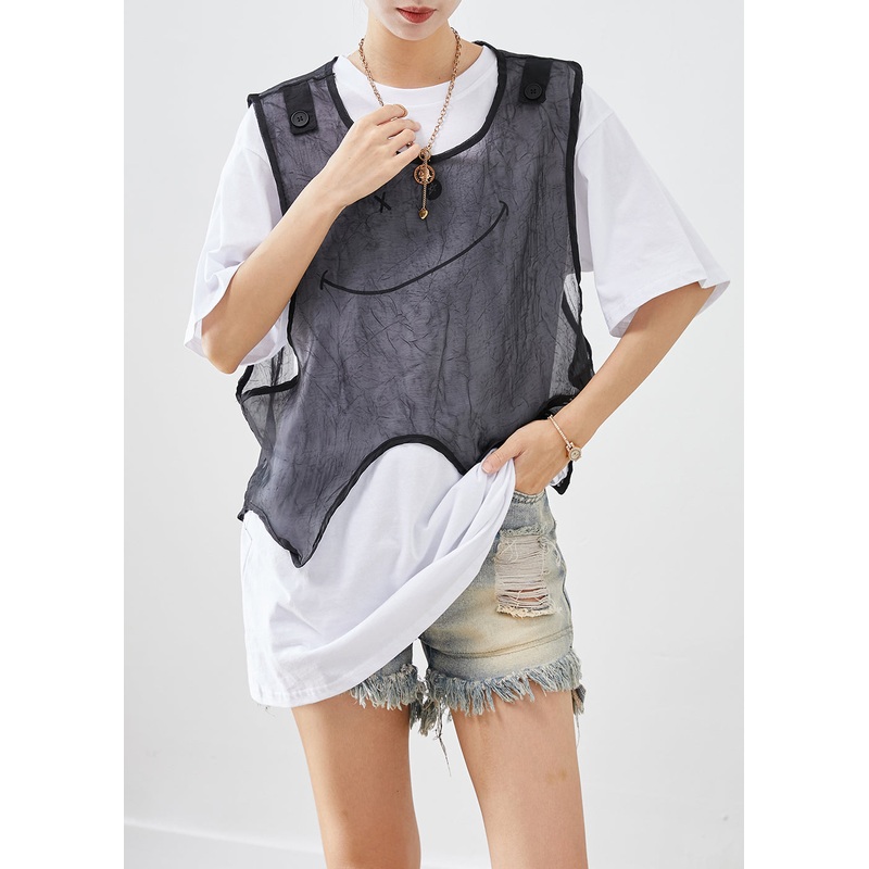 French Asymmetrical Design Smile Tulle Vest And Tank Two Pieces Set Summer