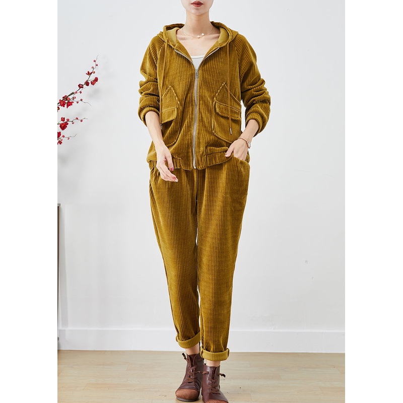 French Yellow Hooded Oversized Corduroy Two Pieces Set Fall