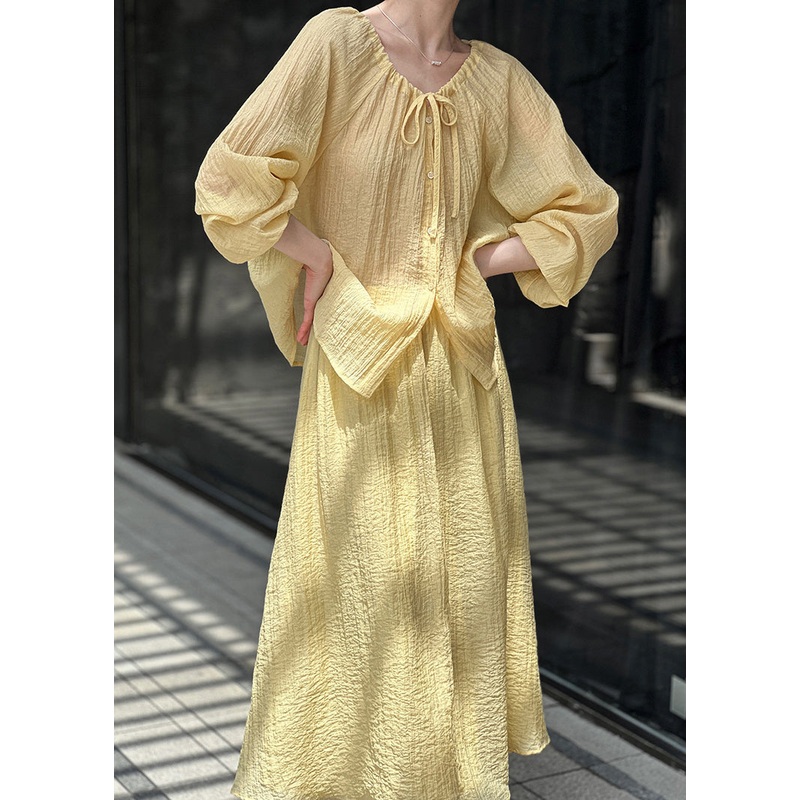 French Yellow Lace Up Tops And Skirts Cotton Two Pieces Set Spring
