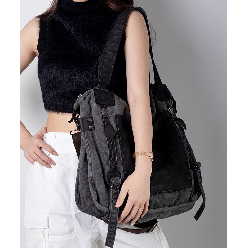Handmade Black Canvas Patchwork Faux Leather Messenger Bag