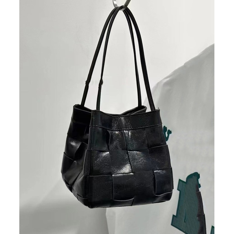 Handmade Black Plaid Patchwork Faux Leather Satchel Handbag