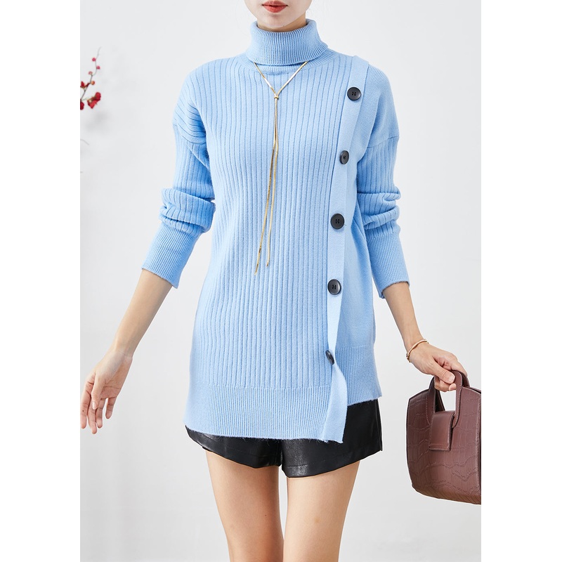 Handmade Blue Asymmetrical Patchwork Thick Knit Sweater Fall