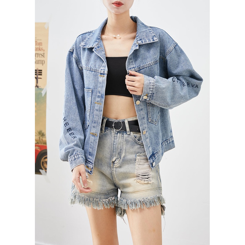 Handmade Blue Letter Embroideried Denim Coat Outwear Fall