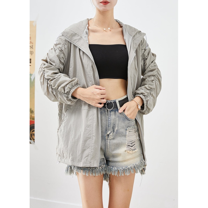Light Grey UPF 50+ Coats Oversized Wrinkled Drawstring Fall