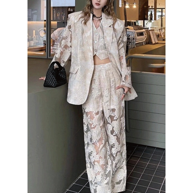 Light Luxury White Hollow Lace Suit Vest Pants Three Piece Set