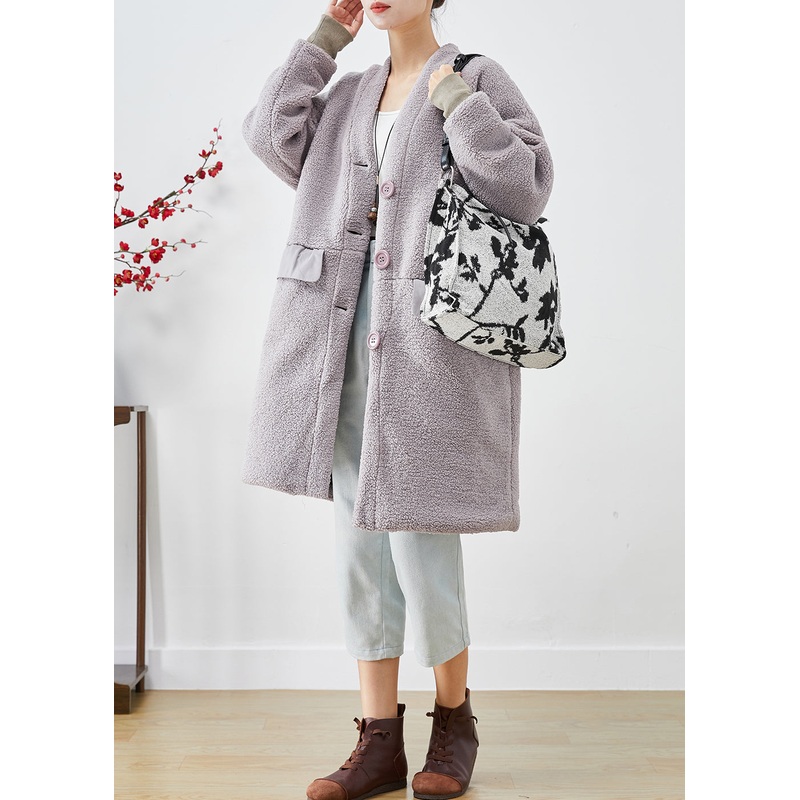 Light Purple Patchwork Teddy Trench V Neck Button Down Fall