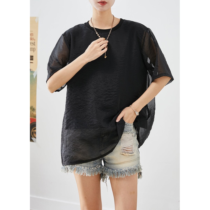 Modern Black Oversized Fake Two Piece Tulle UPF 50+ Tops Summer