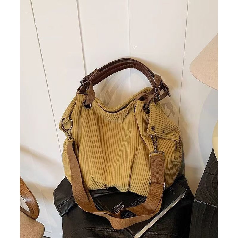 Modern Yellow Large Capacity Corduroy Satchel Handbag