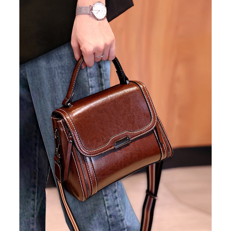 Novelty Coffee Zippered Patchwork Faux Leather Messenger Bag