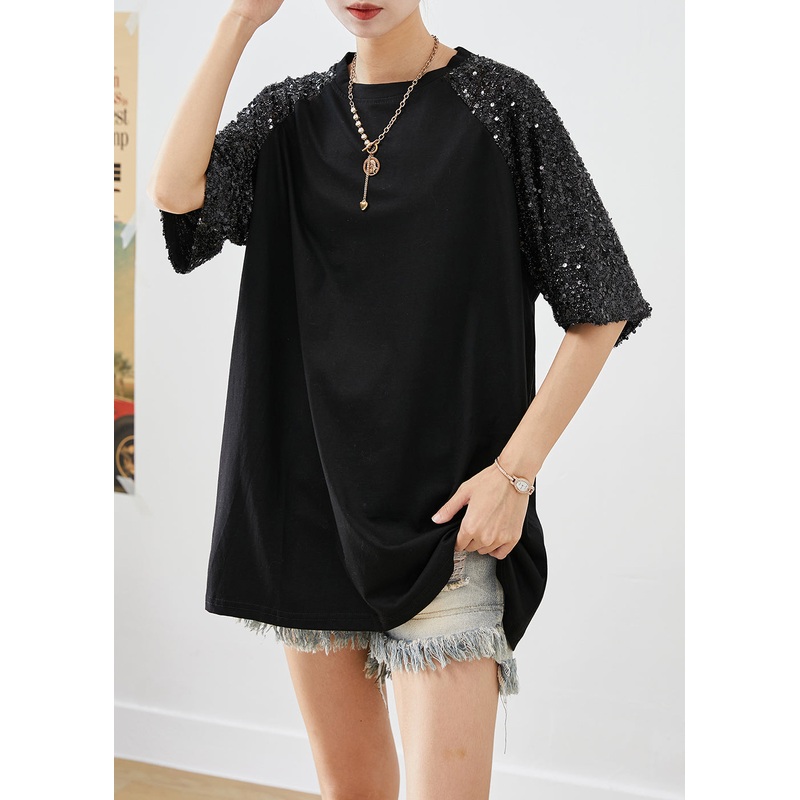 Organic Black Sequins Patchwork Cotton Tanks Tops Summer